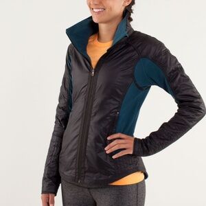 LuluLemon Run Bundle Up Jacket, Removable Hood, Quilted, Goose Down, Blk/Teal, 8